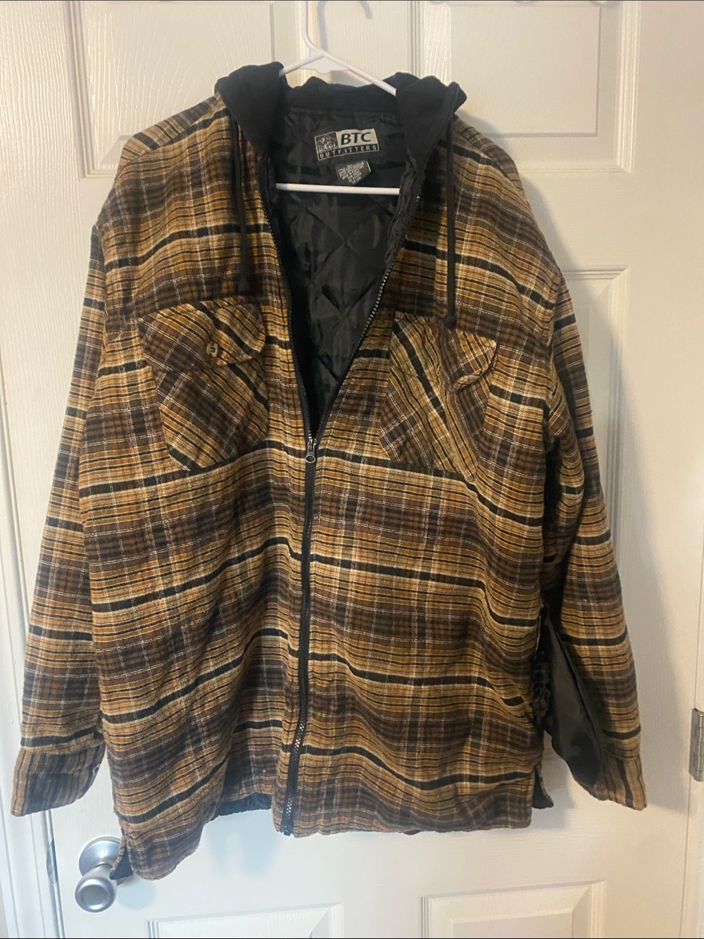 BTC Quilted Plaid Hooded Shirt Jacket in Brown and Black